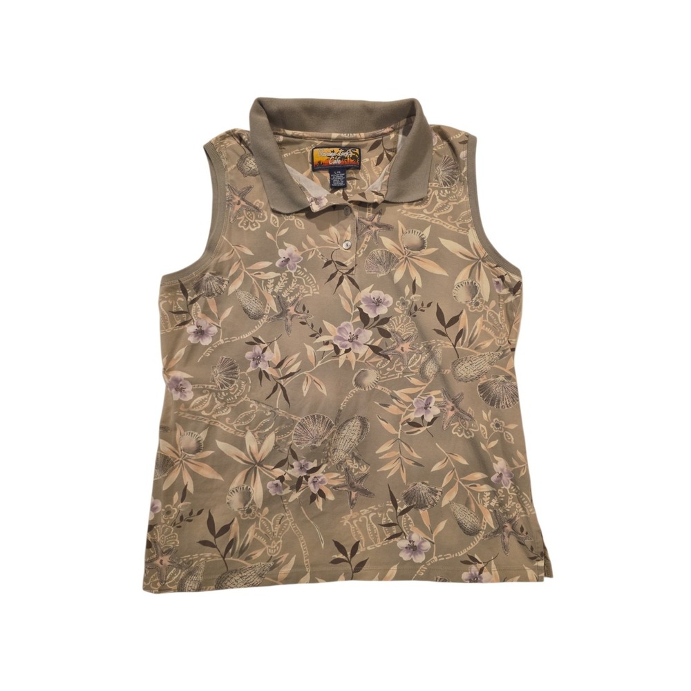 Havana Jack's Cafe Women's L Sleeveless Polo Shirt Tropical Seashell Floral